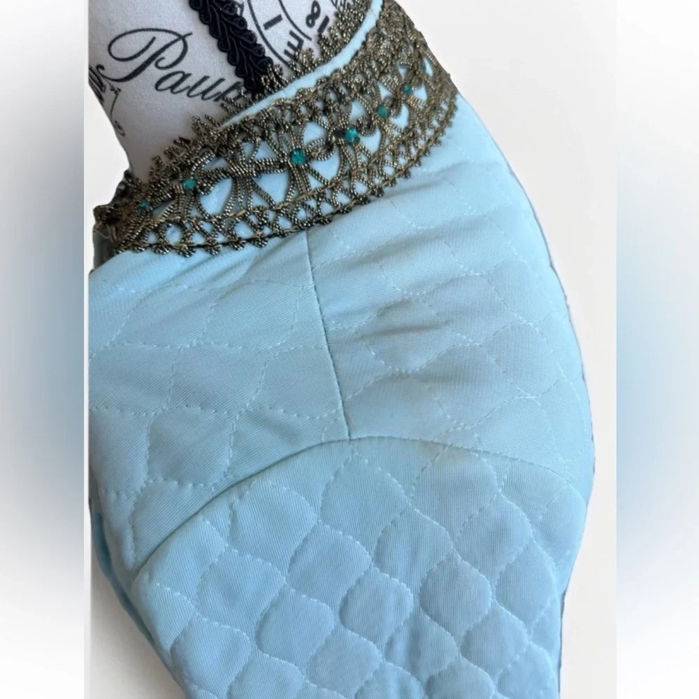 Vintage 70s Flobert Edwardian Baby Blue Bling Quilt Mod Long Robe House Coat - Picture 7 of 16